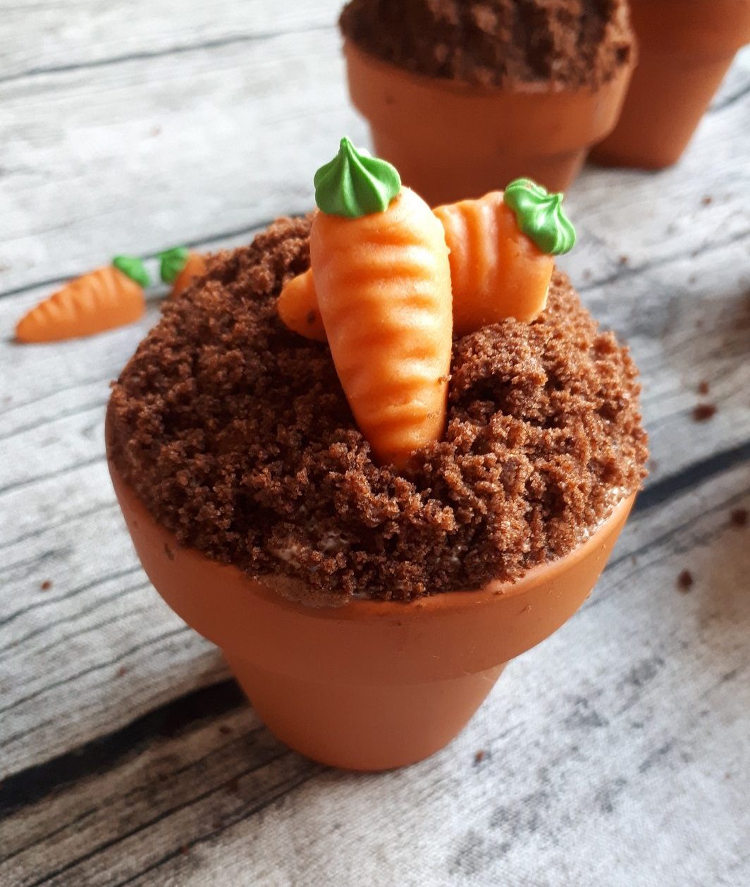 Schokoladenmuffins im Terracotta-Blumentopf mit Mini-Rüblis